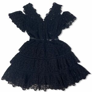 Rebecca Taylor Black Lace Cold Shoulder Dress Size 12 Silk Cotton Tiered